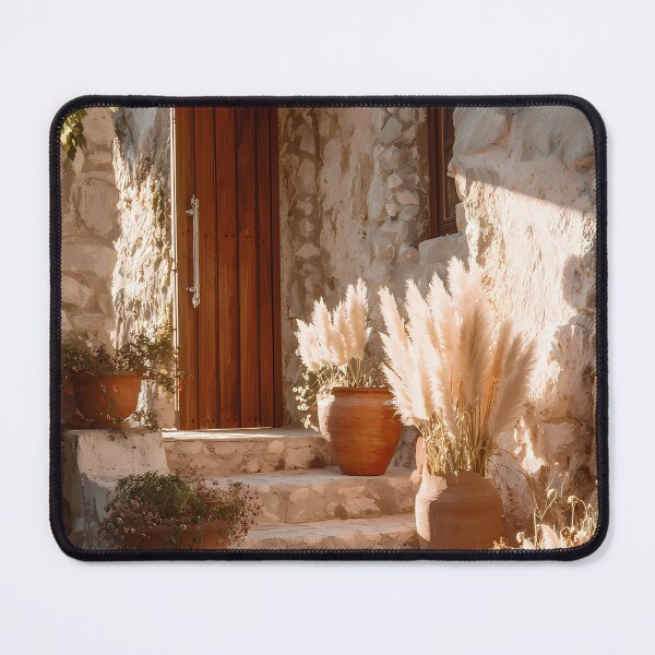 Item preview, Rustic Tuscan Stone Steps with Terracotta Pots and Pampas Grass Art Print designed and sold by Emberearth.