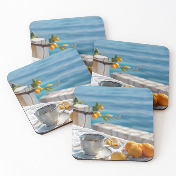 Item preview, Serene Mediterranean Morning Coffee and Citrus Table Art Print designed and sold by Emberearth.