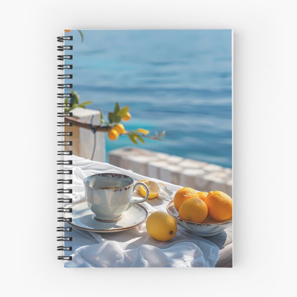 Item preview, Serene Mediterranean Morning Coffee and Citrus Table Art Print designed and sold by Emberearth.