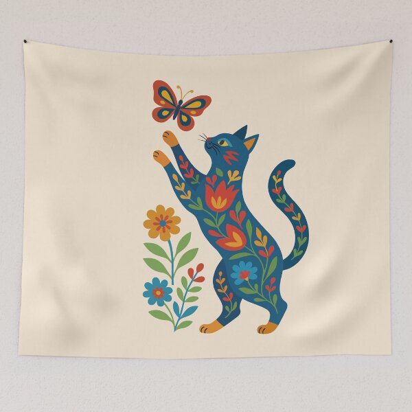 Item preview, Cat with Butterfly Nordic Scandinavian Art designed and sold by ZanyPaintbrush.