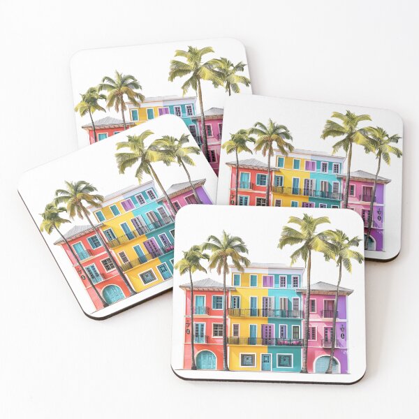 Item preview, Colorful Tropical Architecture with Palm Trees | Caribbean Mediterranean Cityscape designed and sold by Awarrie.