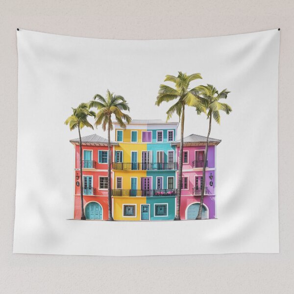 Item preview, Colorful Tropical Architecture with Palm Trees | Caribbean Mediterranean Cityscape designed and sold by Awarrie.