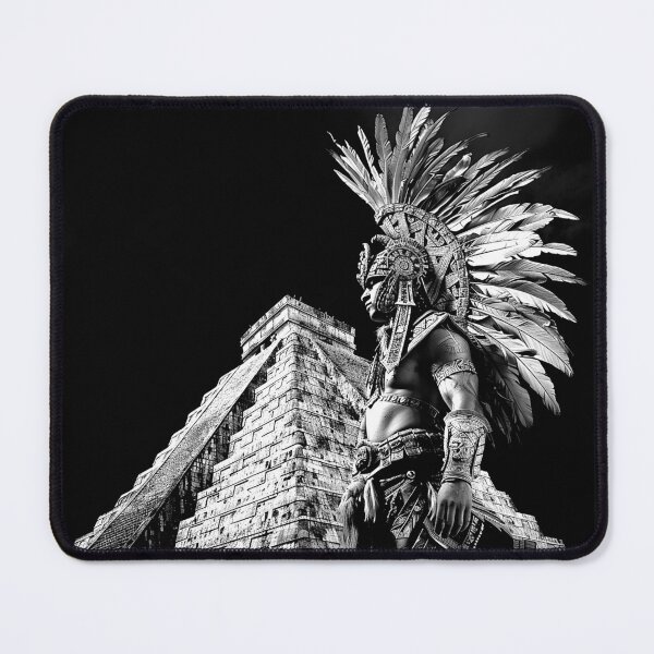 Item preview, Feathered Warrior Beside Ancient Pyramid Monochrome Mesoamerican Art designed and sold by inkoutninja.