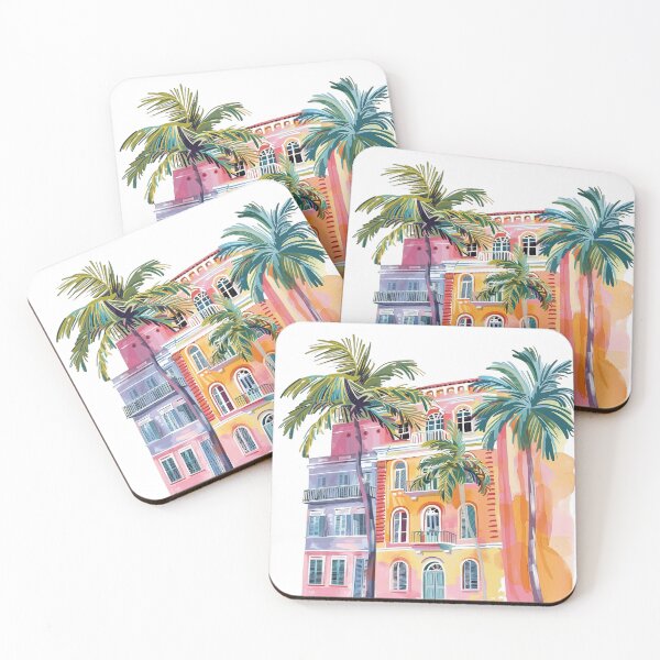 Item preview, Colorful Tropical Building with Palm Trees | Mediterranean Caribbean Architecture designed and sold by Awarrie.