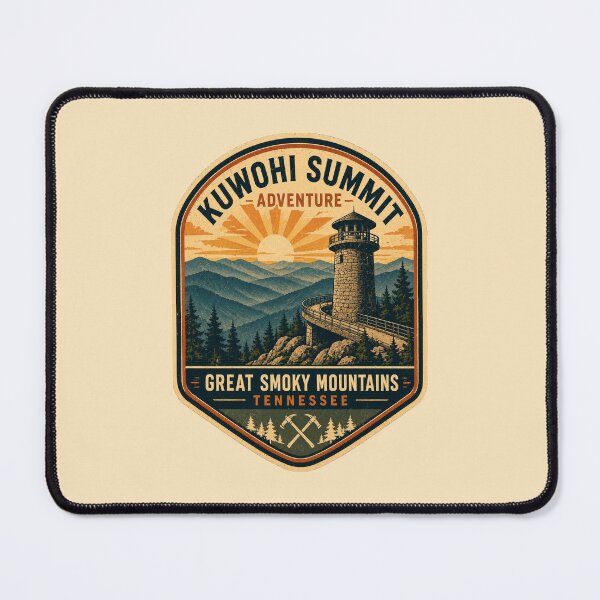 Item preview, Kuwohi Summit Tower Retro Hiking Badge | Great Smoky Mountains Vintage Travel Poster Sunset Design designed and sold by Globalcitytees.