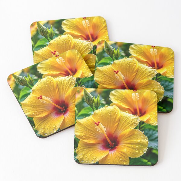Item preview, Golden Hibiscus Flowers with Dew Drops Tropical Floral Garden designed and sold by Wild Bloom Paws.