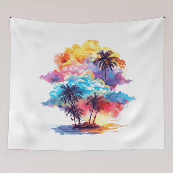 Item preview, Tropical Paradise Sunset | Colorful Clouds & Palm Trees Watercolor Art designed and sold by Awarrie.