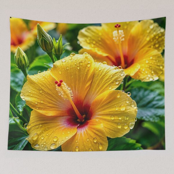 Item preview, Golden Hibiscus Flowers with Dew Drops Tropical Floral Garden designed and sold by Wild Bloom Paws.