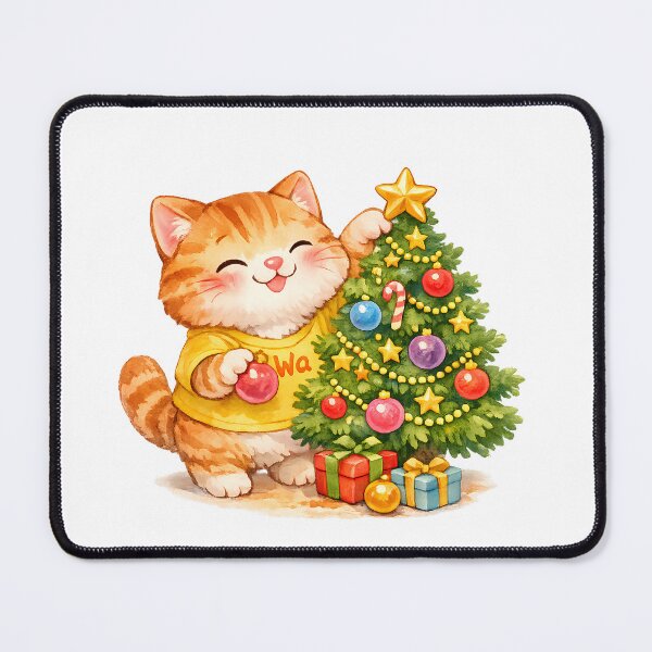 Item preview, Cute Orange Tabby Cat Decorating Christmas Tree Watercolor Kawai designed and sold by Wawa5656.