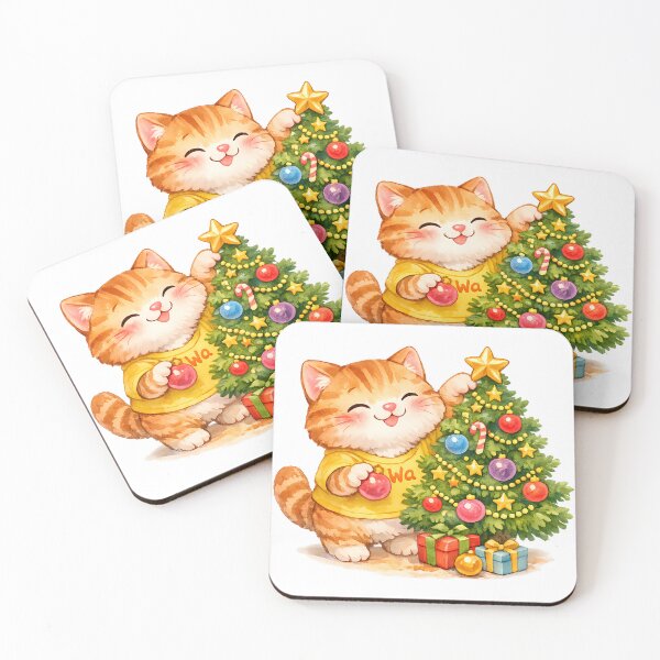Item preview, Cute Orange Tabby Cat Decorating Christmas Tree Watercolor Kawai designed and sold by Wawa5656.