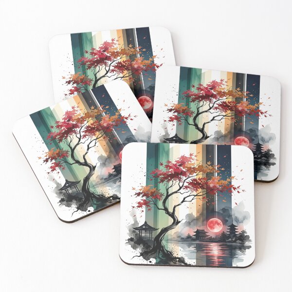 Item preview, Japanese Autumn Maple Tree Red Blood Moon Pagoda Lake Graphic designed and sold by PACS0011.
