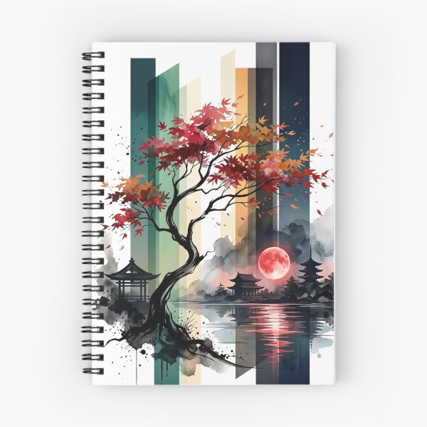 Item preview, Japanese Autumn Maple Tree Red Blood Moon Pagoda Lake Graphic designed and sold by PACS0011.