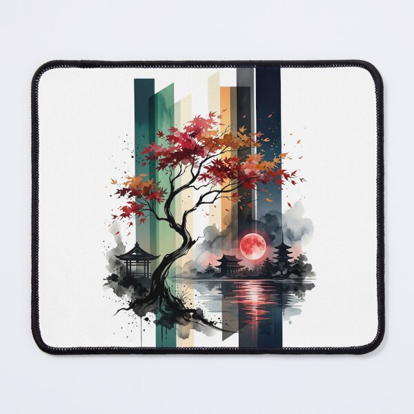 Item preview, Japanese Autumn Maple Tree Red Blood Moon Pagoda Lake Graphic designed and sold by PACS0011.