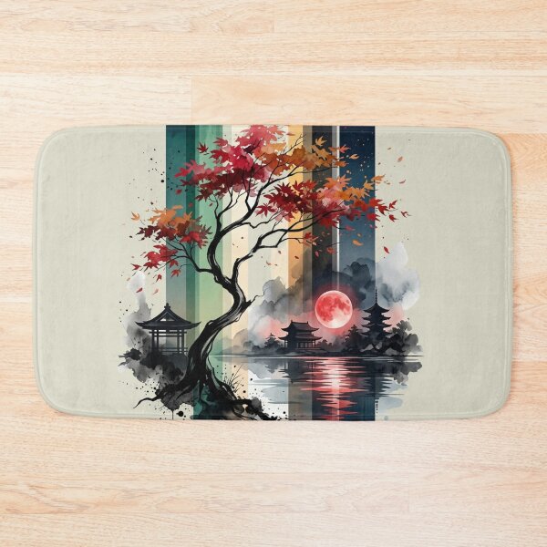 Item preview, Japanese Autumn Maple Tree Red Blood Moon Pagoda Lake Graphic designed and sold by PACS0011.