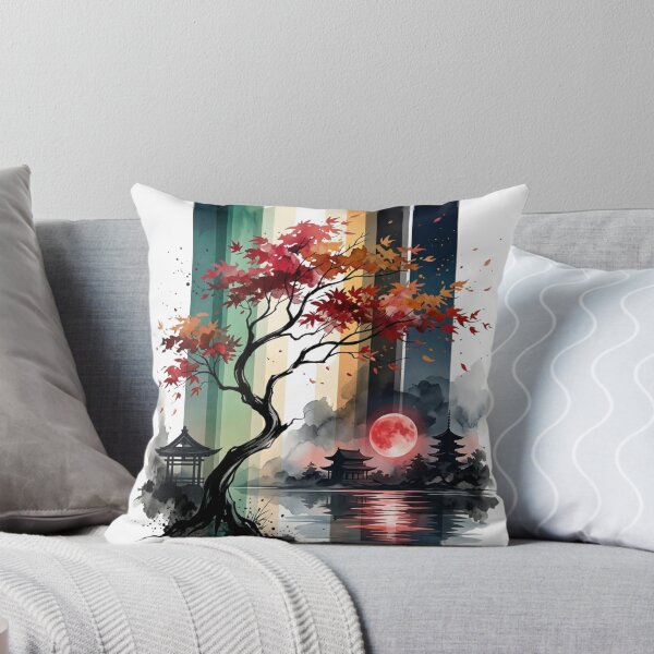 Item preview, Japanese Autumn Maple Tree Red Blood Moon Pagoda Lake Graphic designed and sold by PACS0011.