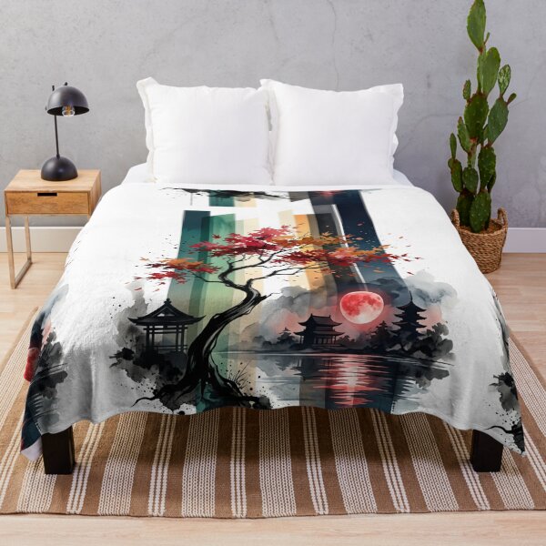Item preview, Japanese Autumn Maple Tree Red Blood Moon Pagoda Lake Graphic designed and sold by PACS0011.
