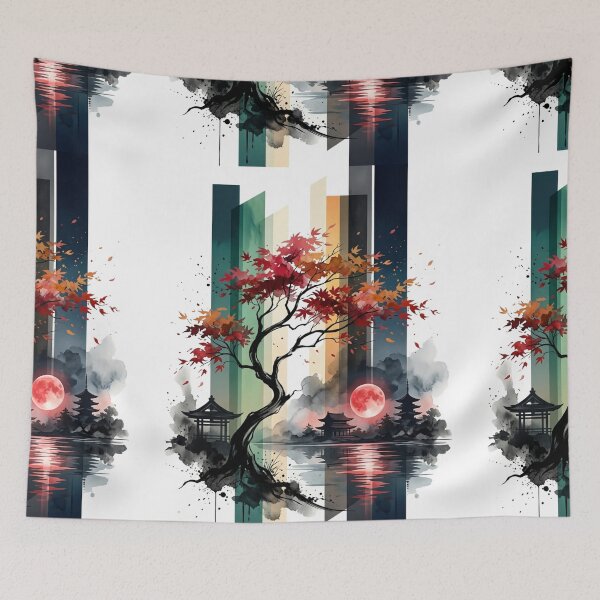 Item preview, Japanese Autumn Maple Tree Red Blood Moon Pagoda Lake Graphic designed and sold by PACS0011.