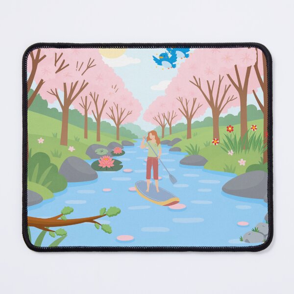 Item preview, Cherry Blossom River Adventure | Peaceful Spring Nature Illustration | Paddle Board Wall Art designed and sold by Emanartstudio14.