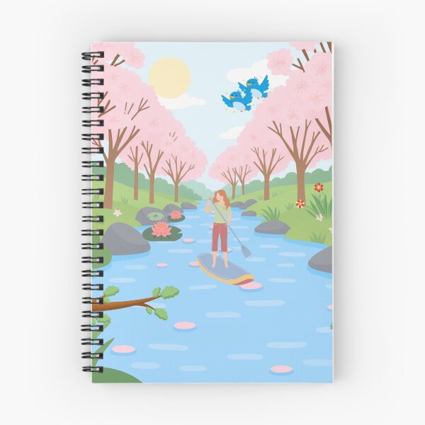 Item preview, Cherry Blossom River Adventure | Peaceful Spring Nature Illustration | Paddle Board Wall Art designed and sold by Emanartstudio14.