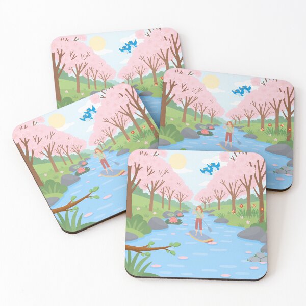 Item preview, Cherry Blossom River Adventure | Peaceful Spring Nature Illustration | Paddle Board Wall Art designed and sold by Emanartstudio14.