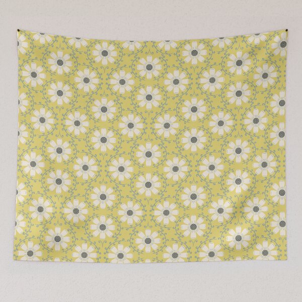 Item preview, Daisy Vine - Cream and Muted Blue on Mustard Yellow designed and sold by artistmaria.