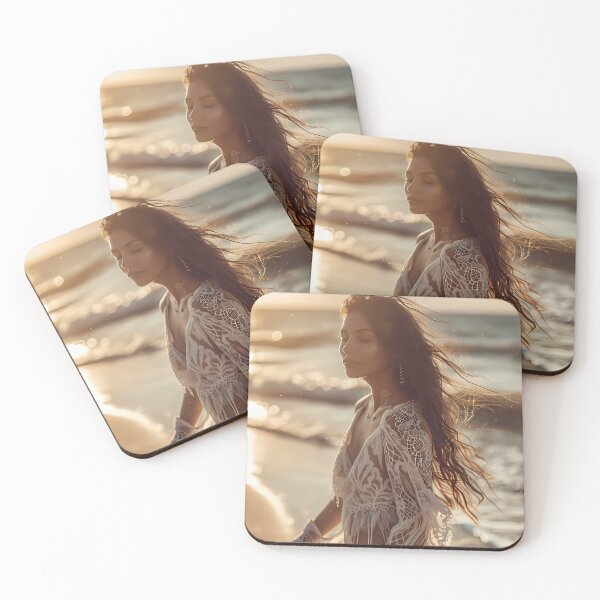 Item preview, Boho Woman in Lace Dress on Sunset Beach designed and sold by Emberearth.