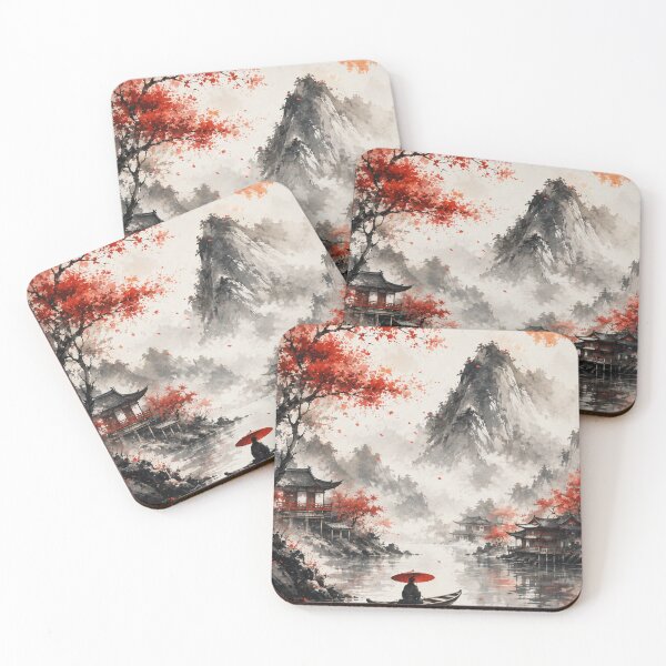 Item preview, Japanese Watercolor Landscape Red Umbrella Boat Temple Graphic designed and sold by PACS0011.