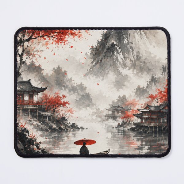 Item preview, Japanese Watercolor Landscape Red Umbrella Boat Temple Graphic designed and sold by PACS0011.