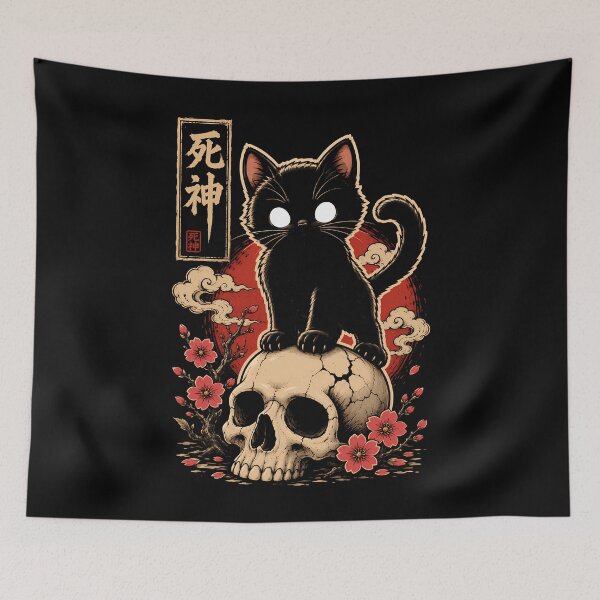 Item preview, Mystical black cat on a skull with cherry blossoms halloween designed and sold by rafaeltto.