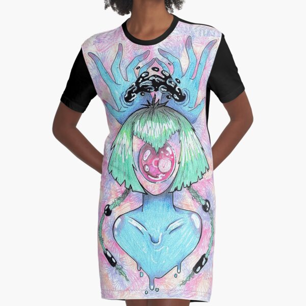 Red Orb Green Hair Blue Bust Graphic T-Shirt Dress