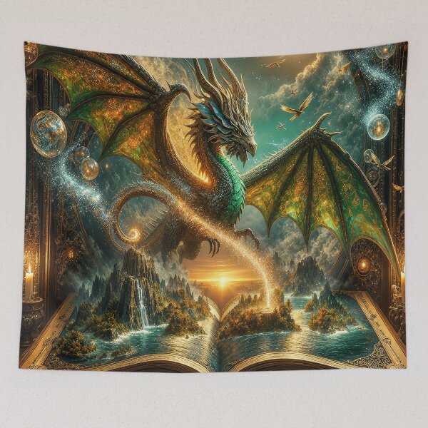 Item preview, Magic Dragon Book Wall Art – Enchanted Fantasy Dragon Emerging from Ancient Spellbook designed and sold by DrakariArt.