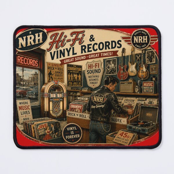 Item preview, Retro poster of vinyl records and vintage Hi-Fi designed and sold by Normandy Road Heritage.