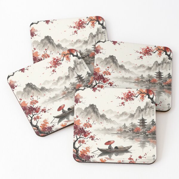 Item preview, Japanese Watercolor Landscape Red Umbrella Boat Cherry Blossom Graphic designed and sold by PACS0011.
