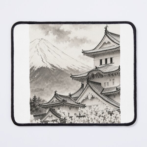 Item preview, traditional ink illustration temple castle Japan culture hand draw BLACK WHITE designed and sold by sabartgunpla.