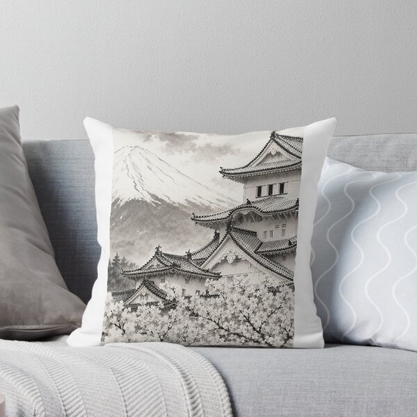 Item preview, traditional ink illustration temple castle Japan culture hand draw BLACK WHITE designed and sold by sabartgunpla.