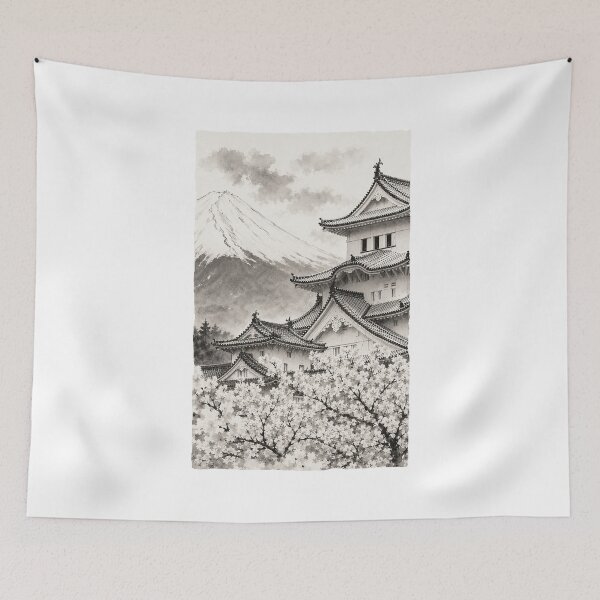 Item preview, traditional ink illustration temple castle Japan culture hand draw BLACK WHITE designed and sold by sabartgunpla.