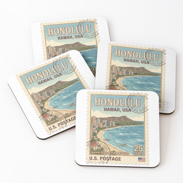 Item preview, Vintage Honolulu Hawaii Waikiki Beach Travel Stamp designed and sold by k3rstman1.