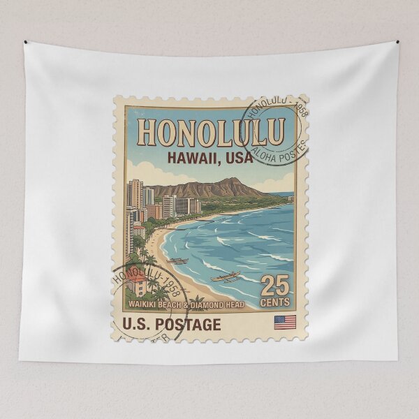Item preview, Vintage Honolulu Hawaii Waikiki Beach Travel Stamp designed and sold by k3rstman1.