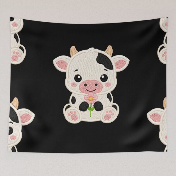 Item preview, Cute Baby Cow Holding Flower Embroidery Illustration designed and sold by ColorSplash123.