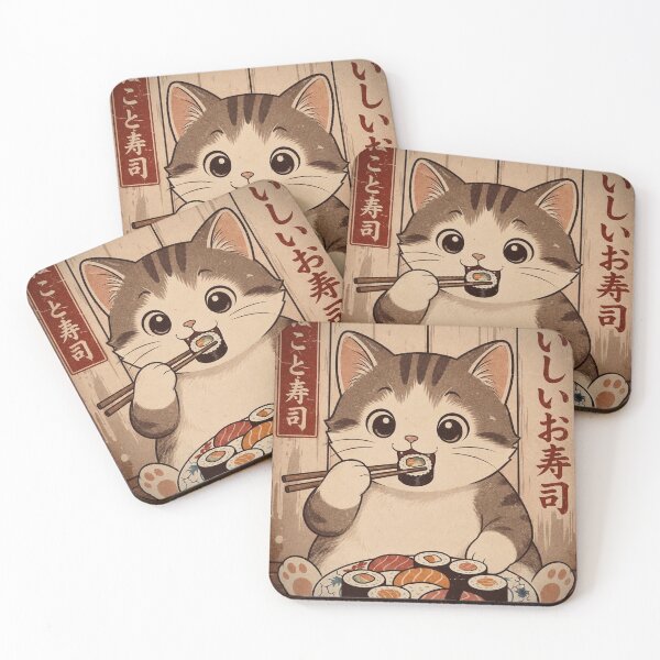 Item preview, Cute Cat Eating Sushi – Vintage Japanese Style designed and sold by Mavriboy.