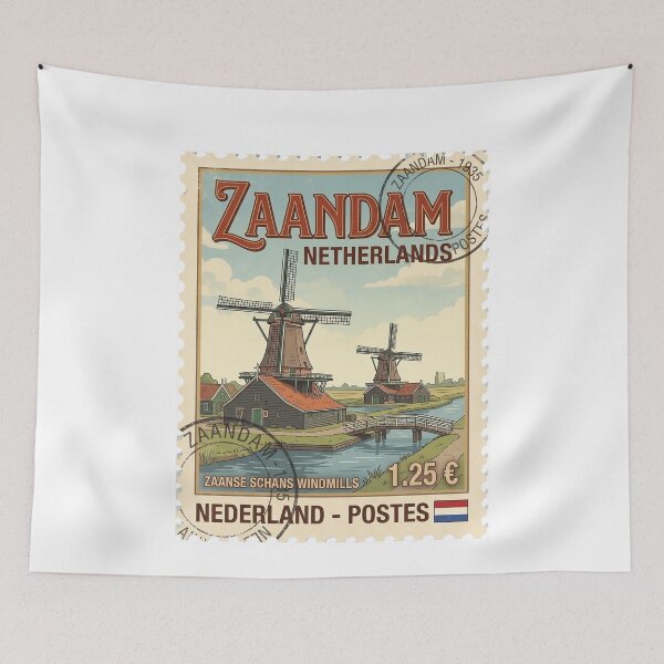 Item preview, Vintage Zaanse Schans Windmills Netherlands Travel Stamp designed and sold by k3rstman1.