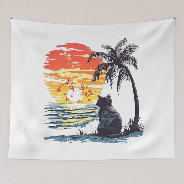 Item preview, Black Cat Watching a Tropical Sunset | Palm Tree Beach Paradise designed and sold by Awarrie.