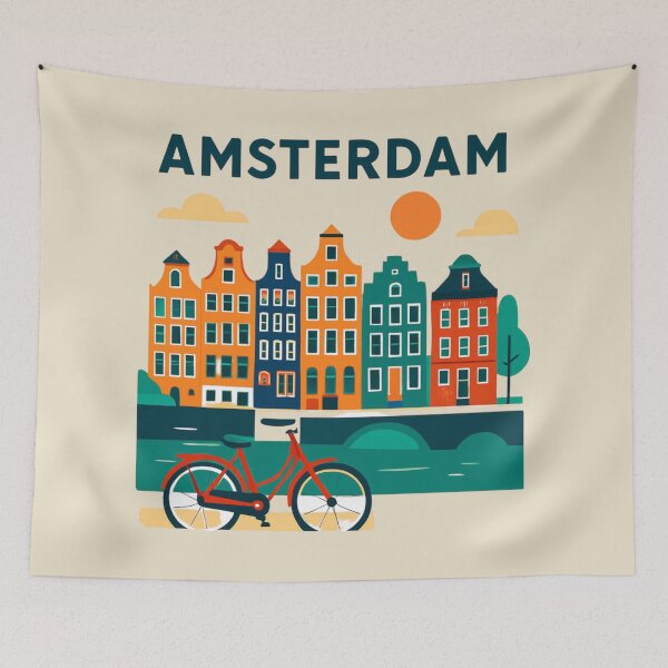 Item preview, Amsterdam Canal Houses & Bicycle | Colorful Dutch City Illustration designed and sold by Yasmine Mohammed.