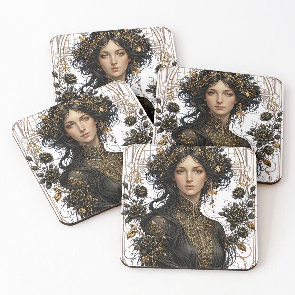 Item preview, Black Rose Gothic Art Nouveau Woman | Dark Academia Fantasy Portrait | Elegant Floral Victorian Wall Art | Gold Filigree Aesthetic designed and sold by A-T-H.