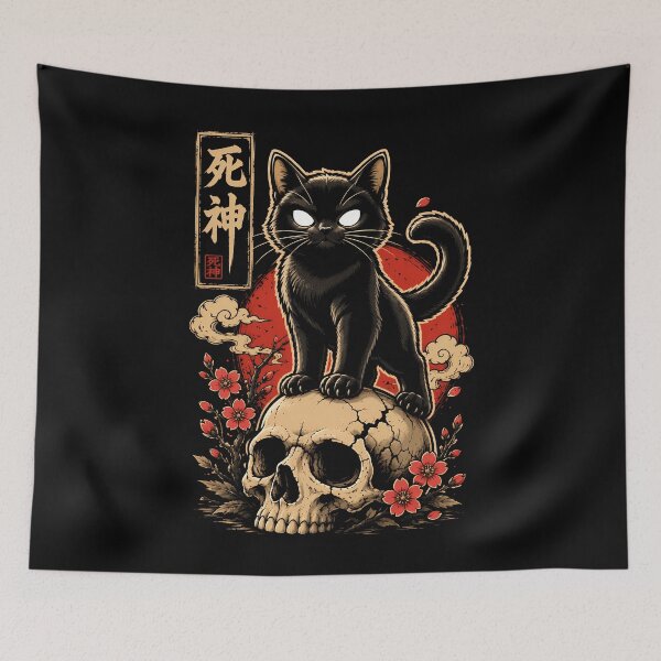 Item preview, Mysterious black cat on skull with floral accents halloween designed and sold by rafaeltto.