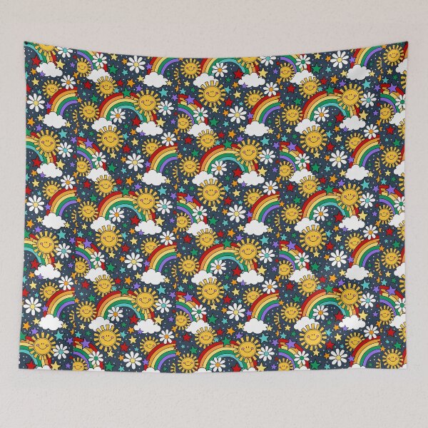 Item preview, Happy Face Sunshine and Rainbows in Navy designed and sold by KrisInStitches.