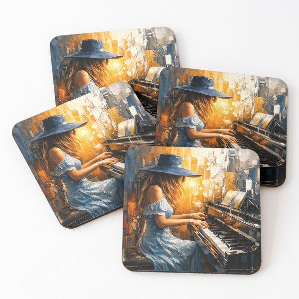 Item preview, Woman Playing Piano at Sunset – Blue Dress Abstract Music Art Print designed and sold by Kaleidoscope Print.