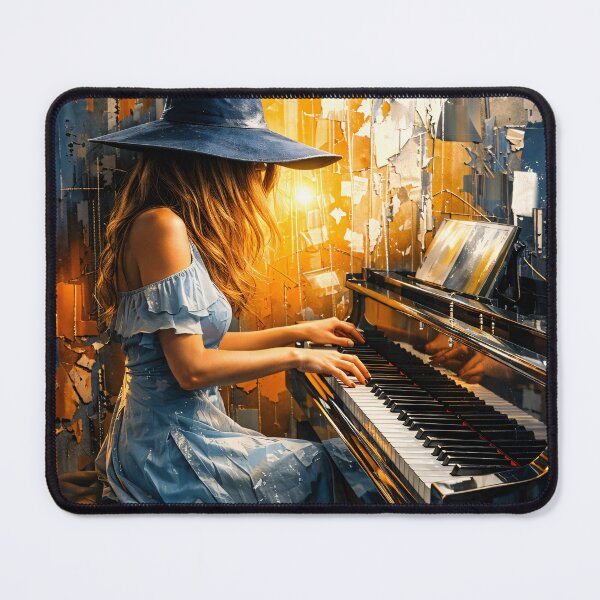 Item preview, Woman Playing Piano at Sunset – Blue Dress Abstract Music Art Print designed and sold by Kaleidoscope Print.