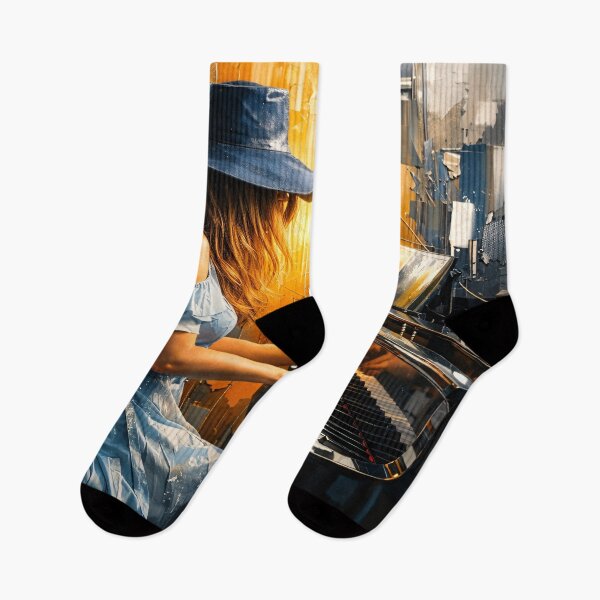 Item preview, Woman Playing Piano at Sunset – Blue Dress Abstract Music Art Print designed and sold by Kaleidoscope Print.