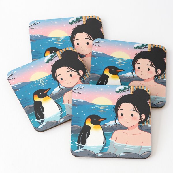 Item preview, Woman and penguin relax in a winter onsen at sunset designed and sold by EvgeniiV.